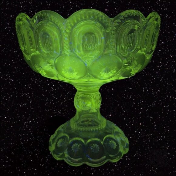 Antique EAPG Adams & Co Palace Moon & Stars Compote Large Clear Manganese 365nm - Picture 8 of 15